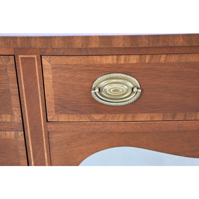 Kindel Mahogany Sideboard Server With Satinwood Inlay & Brass Pulls | Newly Refinished For Sale - Image 12 of 16