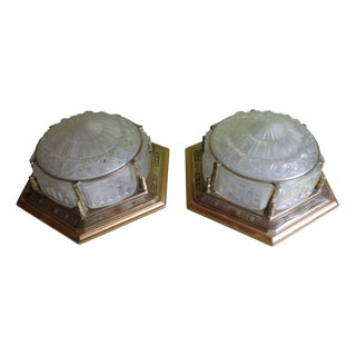 Large Art Deco Ceiling Lights in Bronze Frame and Wood, 1930, Set of 2 For Sale