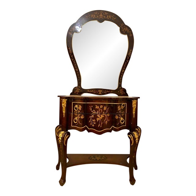French Louis XV Vanity Set With Mirror & 2-Drawer Console – Heavy Wood With Gold Leaf Details For Sale