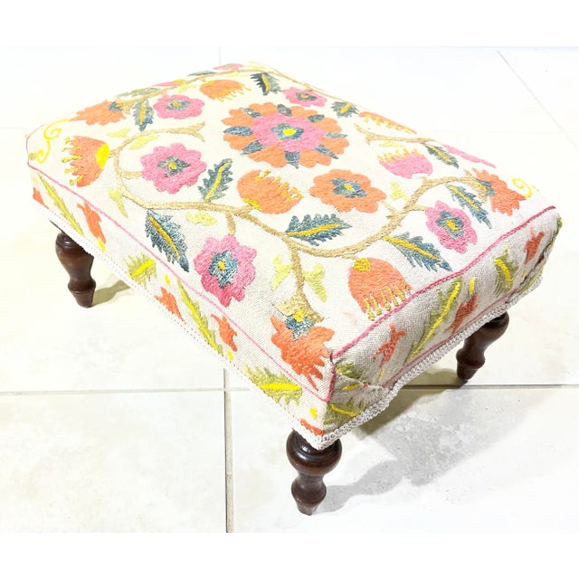 Red Antique Suzani Embroidered Footstool – Silk Hand-Stitched Needlepoint For Sale - Image 8 of 15