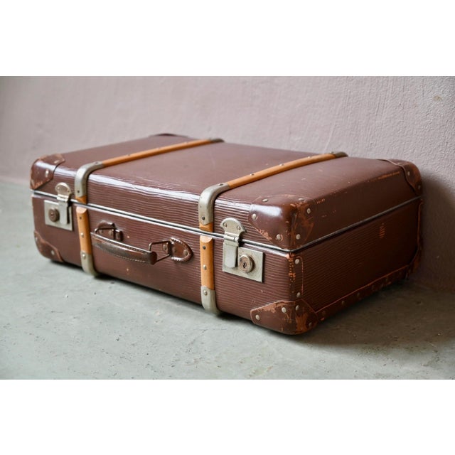Vintage Travel Suitcase with Rigid Cardboard and Wooden Handles, 1940s For Sale - Image 4 of 11