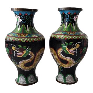 Pair Vintage Chinese Cloisonné Vases 3 Toed Dragons for Good Luck For Sale