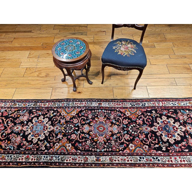 Vintage Bakhtiari Tribal Runner, Hand-Knotted Wool, Floral Bouquets & Medallions, Navy & Ivory, 3x12 For Sale In Chicago - Image 6 of 16