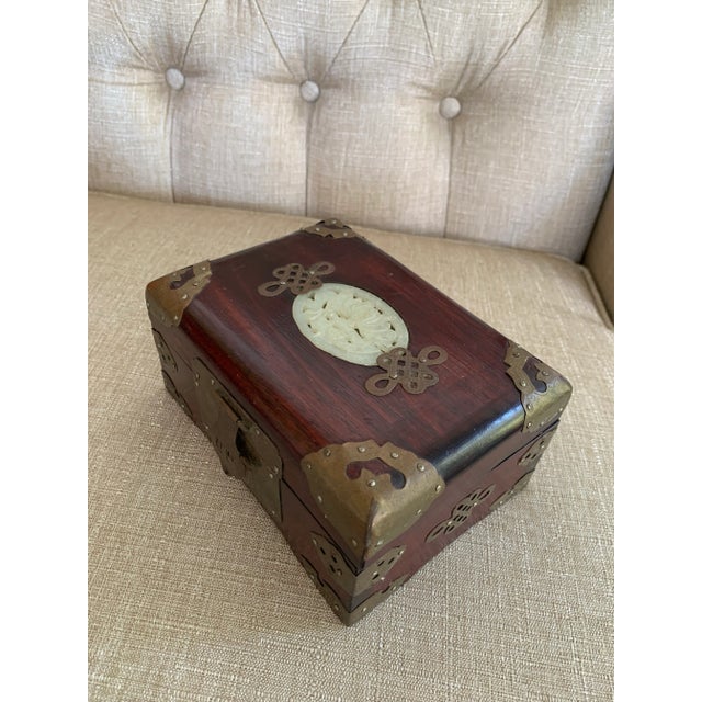Brick Red Vintage Mid-Century Rosewood & Brass & Jade Jewelry Casket For Sale - Image 8 of 13