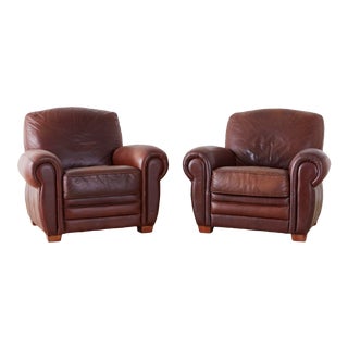 Pair of Cigar Leather Club Chairs For Sale