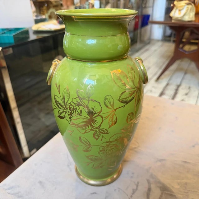 Mid-Century Modern 1950s Mid-Century Modern Apple Green and Gold Ceramic Vase From Sesto Fiorentino For Sale - Image 3 of 12