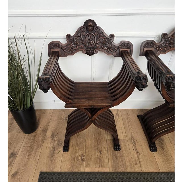 Italian Savonarola Armchairs in Carved Walnut, 1900, Set of 2 For Sale - Image 4 of 12