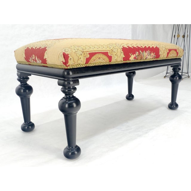 Spanish Tapestry Upholstery Massive Turned Black Lacquer Legs Window Bench MINT For Sale - Image 3 of 14