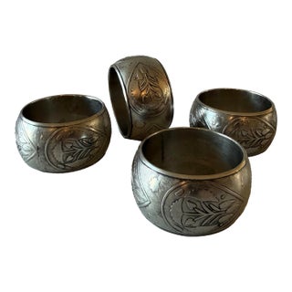 Set of 4 Engraved Silver Metal Napkin Rings For Sale