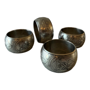 Set of 4 Engraved Silver Metal Napkin Rings