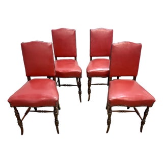 Antique Set of 4 Red Leather Gaming Chairs For Sale