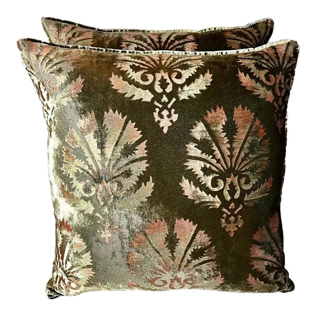 Pair of Custom Nomi Textiles Velvet Stenciled Pillows For Sale