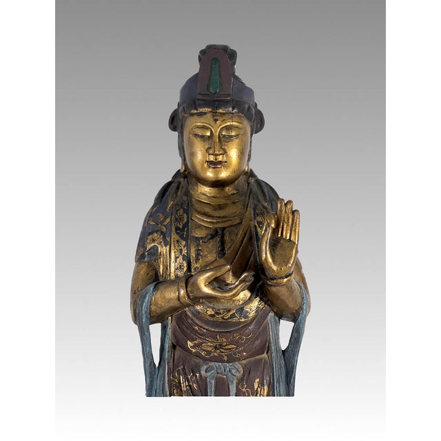 Wood Late Qing Dynasty Lacquer & Polychrome Carved Wood Figure of Guan Yin, Chinese Goddess of Compassion & Mercy Circa 1890 For Sale - Image 7 of 10