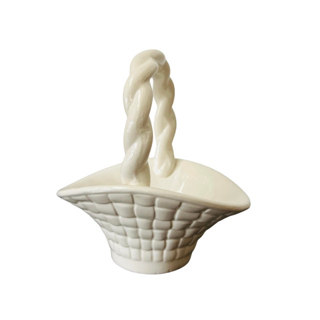 Vintage White Ceramic Basket Weave Bowl with Twisted Handle – Mid-Century Woven Pottery Planter / Decorative Centerpiece A...