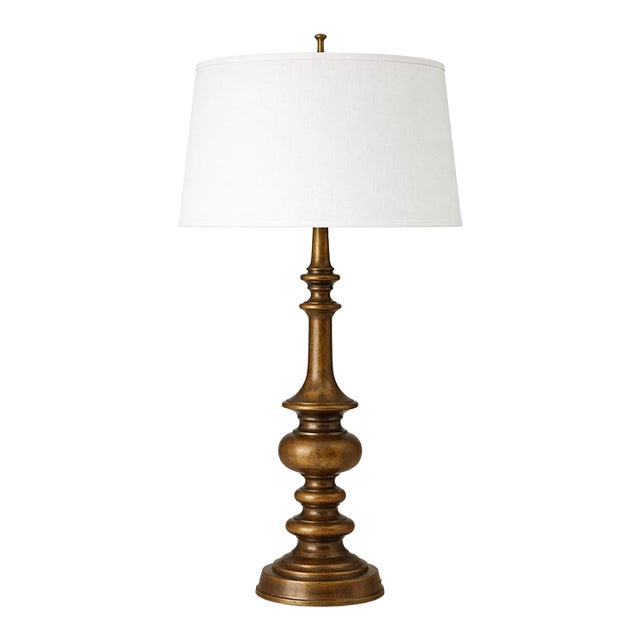 Antique Bronze Finish With Linen Drum Shade Heavy Cast Metal Table Lamp– 32” Tall, 3-Way Switch For Sale