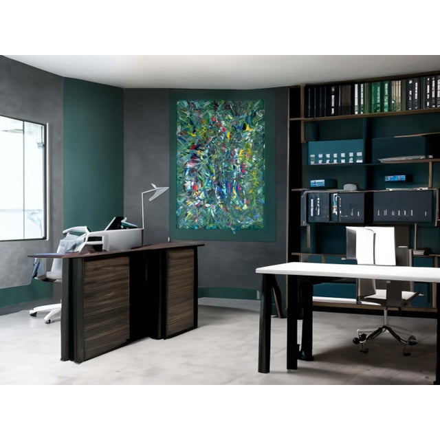 An intriguing abstract painting evokes a natural landscape with its green tones, thus having a calming effect.