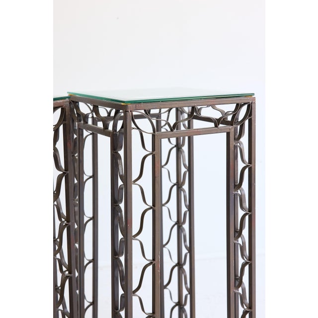 Pair of Pedestal Tables With Metalwork Frames and Glass Tops, Indoor/Outdoor For Sale - Image 14 of 15