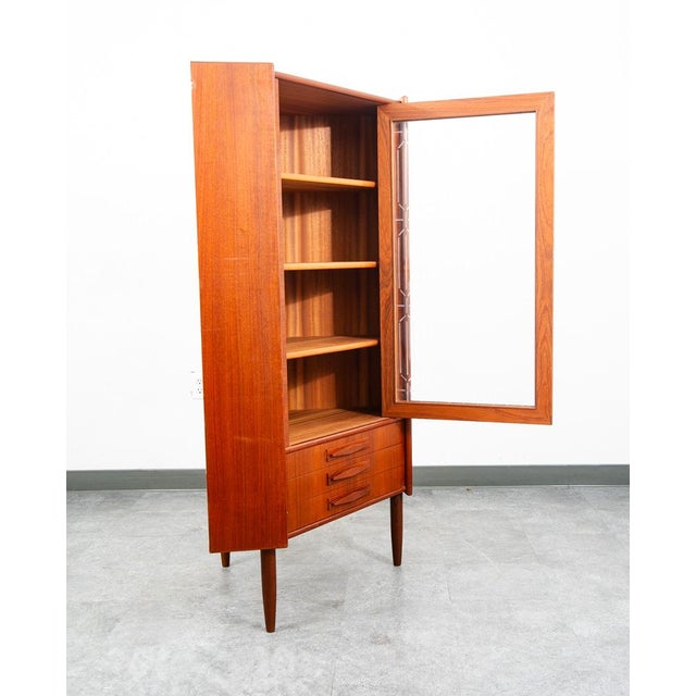 Mid-Century Modern Mid Century Danish Modern Corner Cabinet Teak Wood Bar Denmark Drawers Glass MCM For Sale - Image 3 of 11