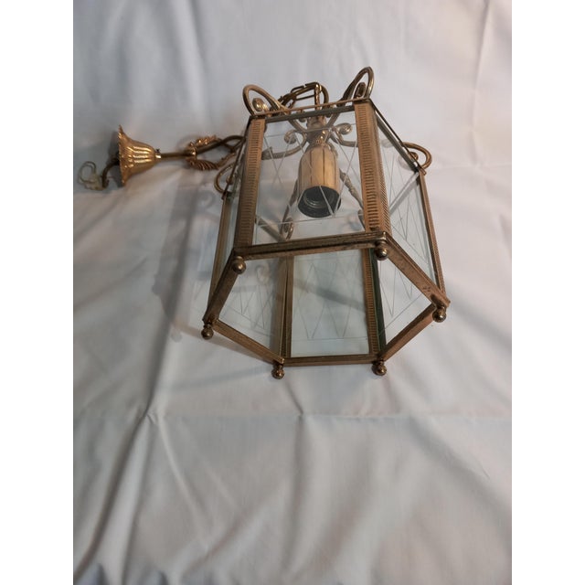 Brass and Cut Glass Hexagon Lantern Pendant Lamp, 1940s For Sale - Image 13 of 15