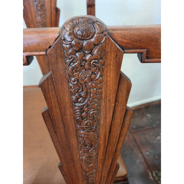 Chestnut 1930s French Art Deco Walnut Carved Asian Floral Motifs Set 4 Unusual For Sale - Image 8 of 11