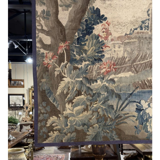 Green 18th Century French Aubusson Verdure Tapestry With Château Landscape For Sale - Image 8 of 12