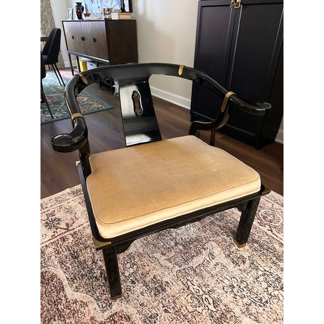 Chinoiserie Pair Vintage Century Furniture Black Lacquered Chinoiserie James Mont Armchair For Sale - Image 3 of 10