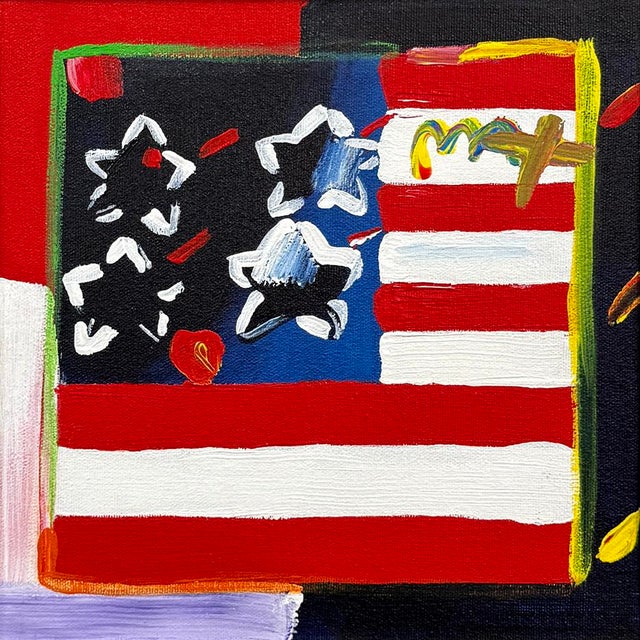 Original acrylic painting on canvas. Hand signed upper front by Peter Max. Canvas size: 10 x 10 inches. Custom framed as...