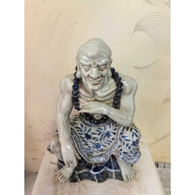 Chinese Vintage Ceramic Buddhist Sculpture,Hand Carved Blue and White Porcelain the Eighteen Arhats Statue For Sale - Image 9 of 9