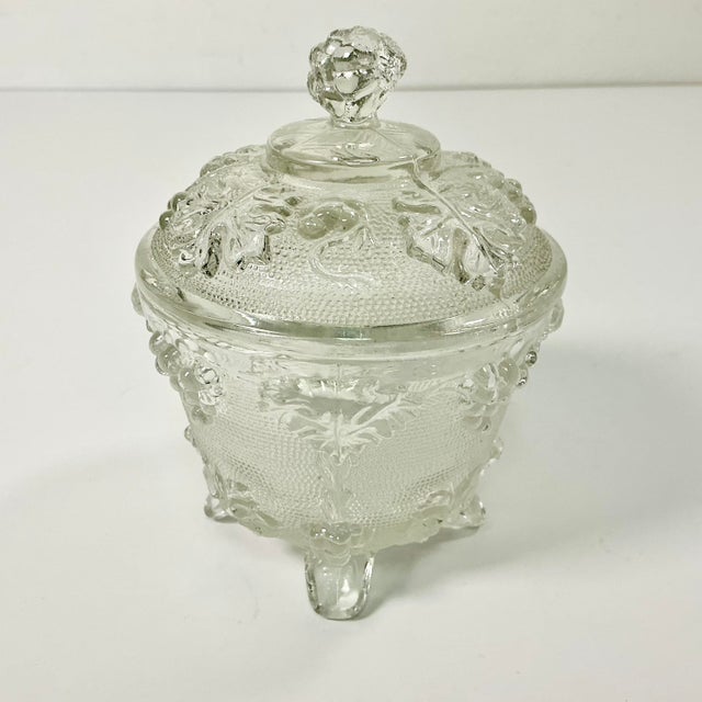 Indiana Glass Company Early 20th C. Antique Boho Chic Americana Pressed Glass Lidded Footed Candy Dish, Indiana Glass Attributed For Sale - Image 4 of 9