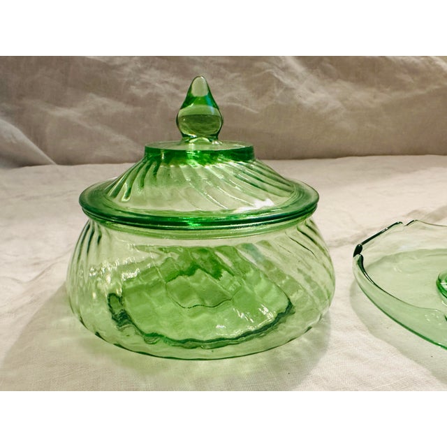 Anchor Hocking Vintage Anchor Hocking Spiral Green Candy Dish & Catch All Set For Sale - Image 4 of 5