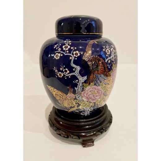 Vintage Kutani Japanese Cobalt Blue Ginger Jar Vase with Lid and original Base Peacock & Floral Height 5” Width 3.75" at...