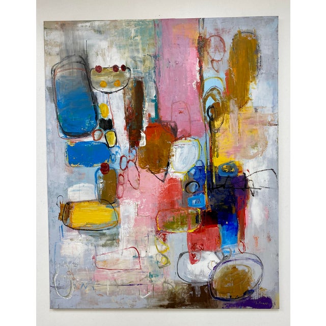 A stunning contemporary abstract oil painting on canvas, featuring a dynamic blend of blue, brown, pink, red, and white....
