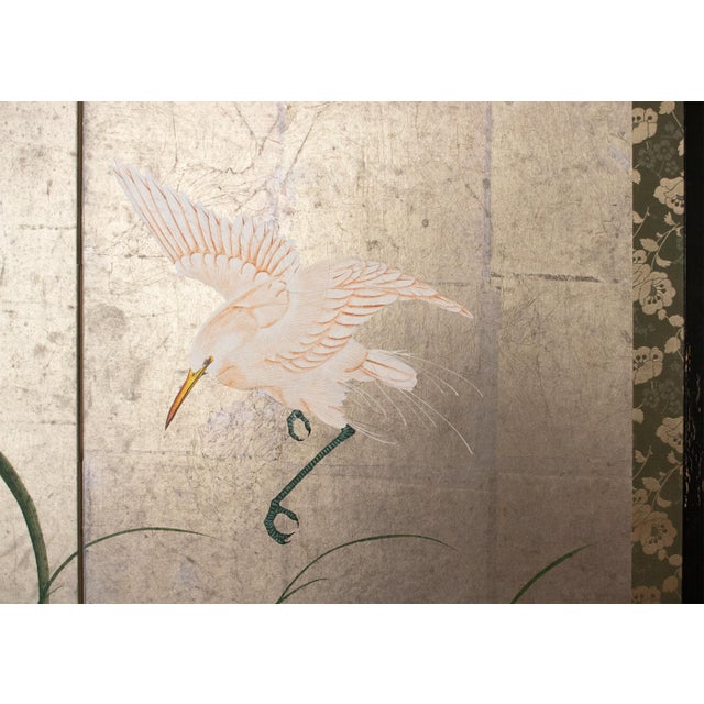 C. 1970s Japanese Style Screen "Egrets" on Silver Background For Sale - Image 11 of 18