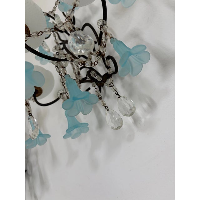 C 1930 Aqua Blue Murano Bell Flowers Crystal Prisms Sconces One of a Kind For Sale - Image 9 of 11