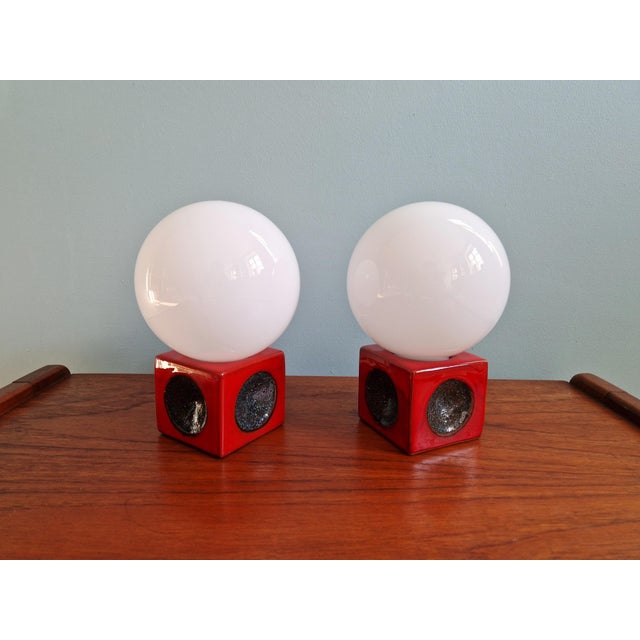 Red Ceramic Bedside Lamps with Opaline Glass Globes, 1970s, Set of 2 For Sale - Image 14 of 14