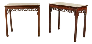 Pair Antique Chinese Export Qing Dynasty Elm Rosewood Carved Side Serving Altar Tables 1860