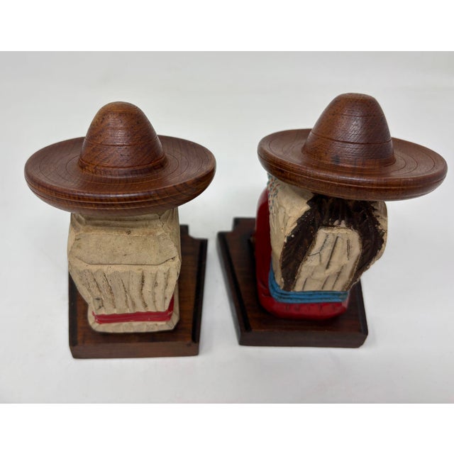 Wood Vintage Mexican Carved Wood Sculpture Polychrome Bookends Siesta Folk Art 1950s For Sale - Image 7 of 11