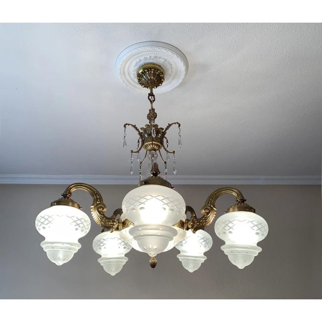 1950s Large Brass 5 Branch 7-Light Chandelier With Center Shade and Frosted Cut Glass Shades For Sale - Image 12 of 13