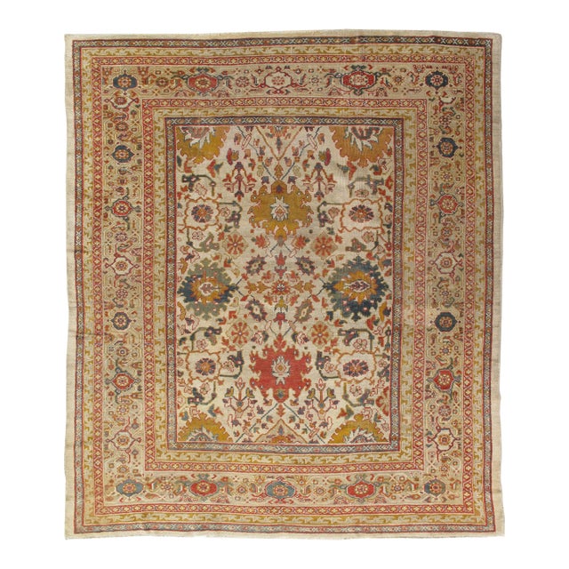 Antique Persian Sultanabad Carpet, Wool Ivory Oriental Rug Hand Knotted For Sale