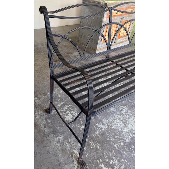 Black Vintage Regency-Style Reeded Wrought-Iron Garden Bench With Paw Feet For Sale - Image 8 of 12