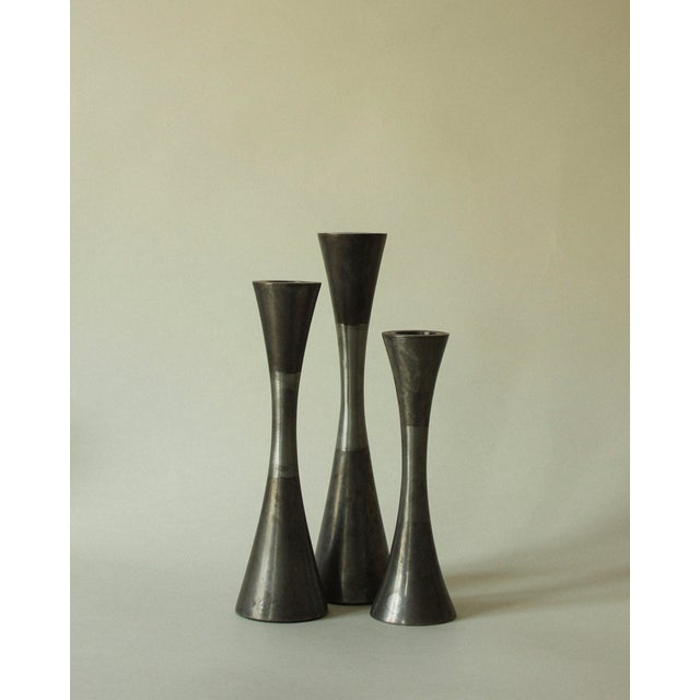 Diabolo Candlesticks in Patinated and Brushed Steel, 1970s, Set of 3 For Sale - Image 11 of 11