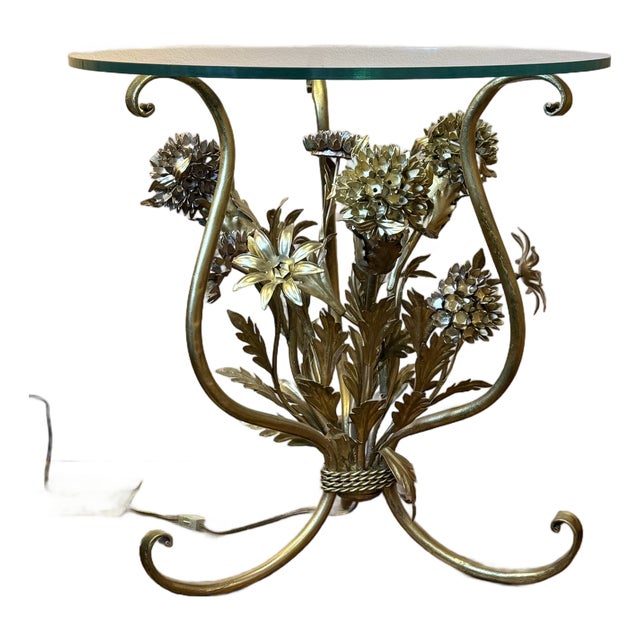 Vintage Illuminated Gilt Metal Floral Side/Cocktail Table, in the Manner of Hans Kögl, C. 1960s–70s For Sale