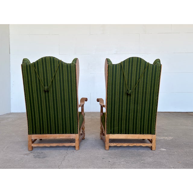 Wood Scandinavian Oak Wingback Lounge Chairs in Striped Wool, 1940s, Set of 2 For Sale - Image 7 of 13