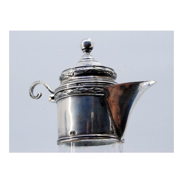 Glass Jug with Reliefs on the Neck and Silver Hinged Lid For Sale - Image 4 of 11