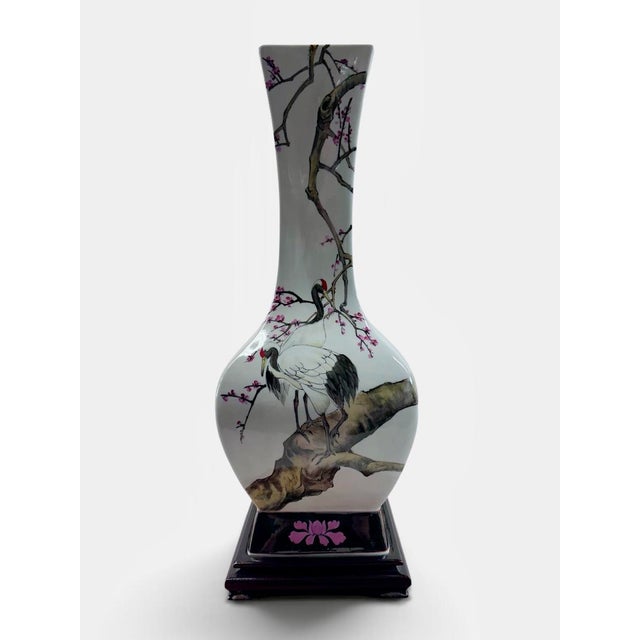 Chinoiserie Tall Ming Village Four-Sided Hand-Painted Chinese Porcelain Crane & Blossom Vase, 21" For Sale - Image 3 of 18
