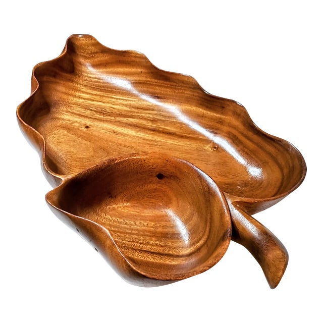 Carved Monkeypod Leaf Bowl For Sale