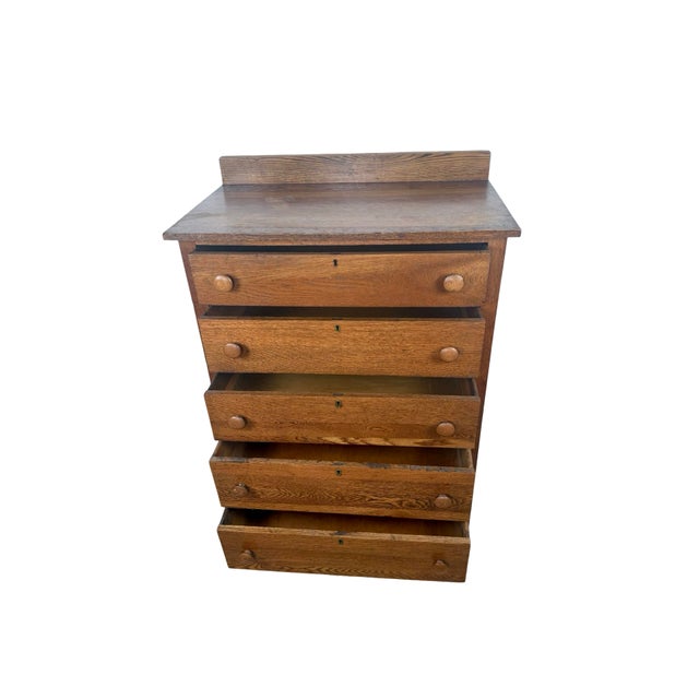Wood Early 20th Century Oak Five-Drawer Tall Chest of Drawers For Sale - Image 7 of 17