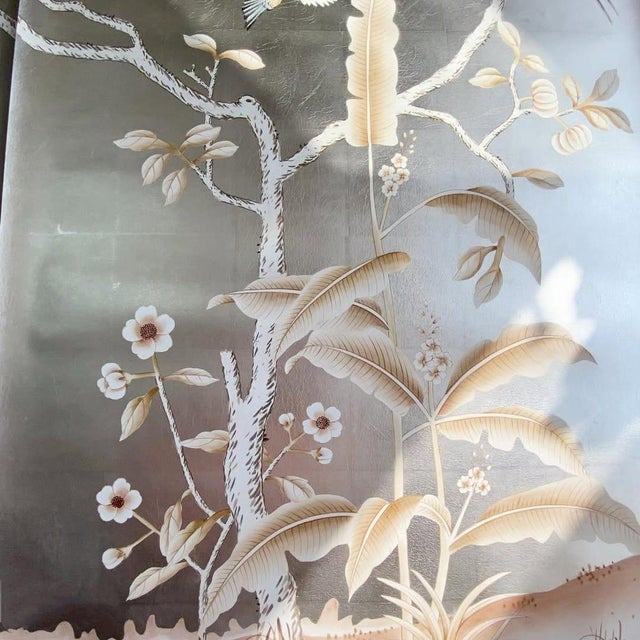 36" * H108"/Panel, Luxury Hand-Painted Chinoiserie Wallpaper on Champagne Silver Gilded Paper For Sale - Image 6 of 6