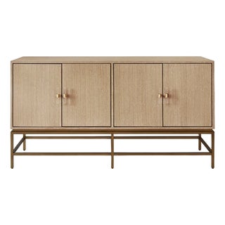 Matthew Izzo Home Ariel Cerused Oak Four Door Buffet With Brass Metal Base and Acrylic/Brass Hardware For Sale