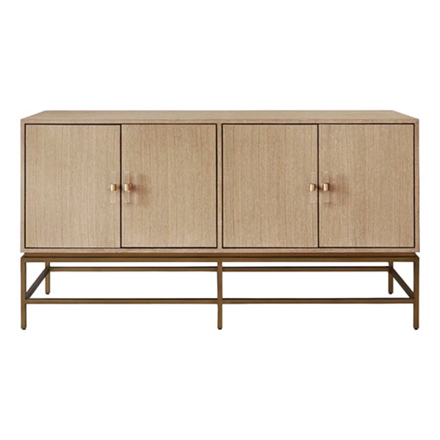Matthew Izzo Home Ariel Cerused Oak Four Door Buffet With Brass Metal Base and Acrylic/Brass Hardware For Sale